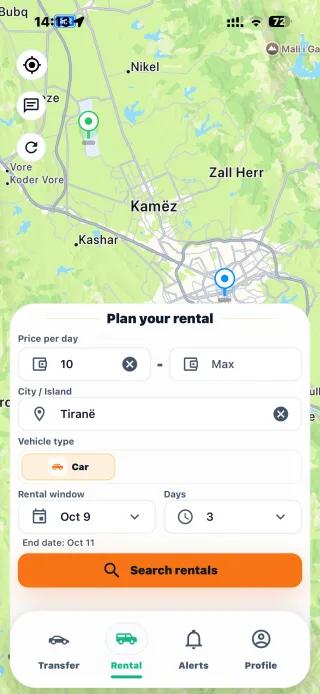 Jolt Albania vehicle rental screen