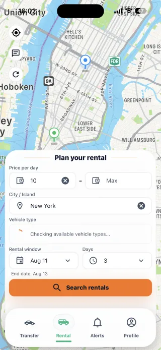 Jolt vehicle rental screen